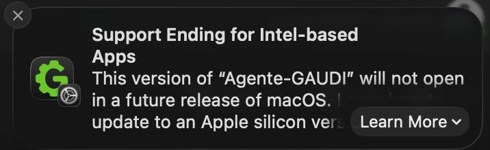 Aviso de macOS advirtiendo que el Agente GAUDI no abrirá en futuras versiones